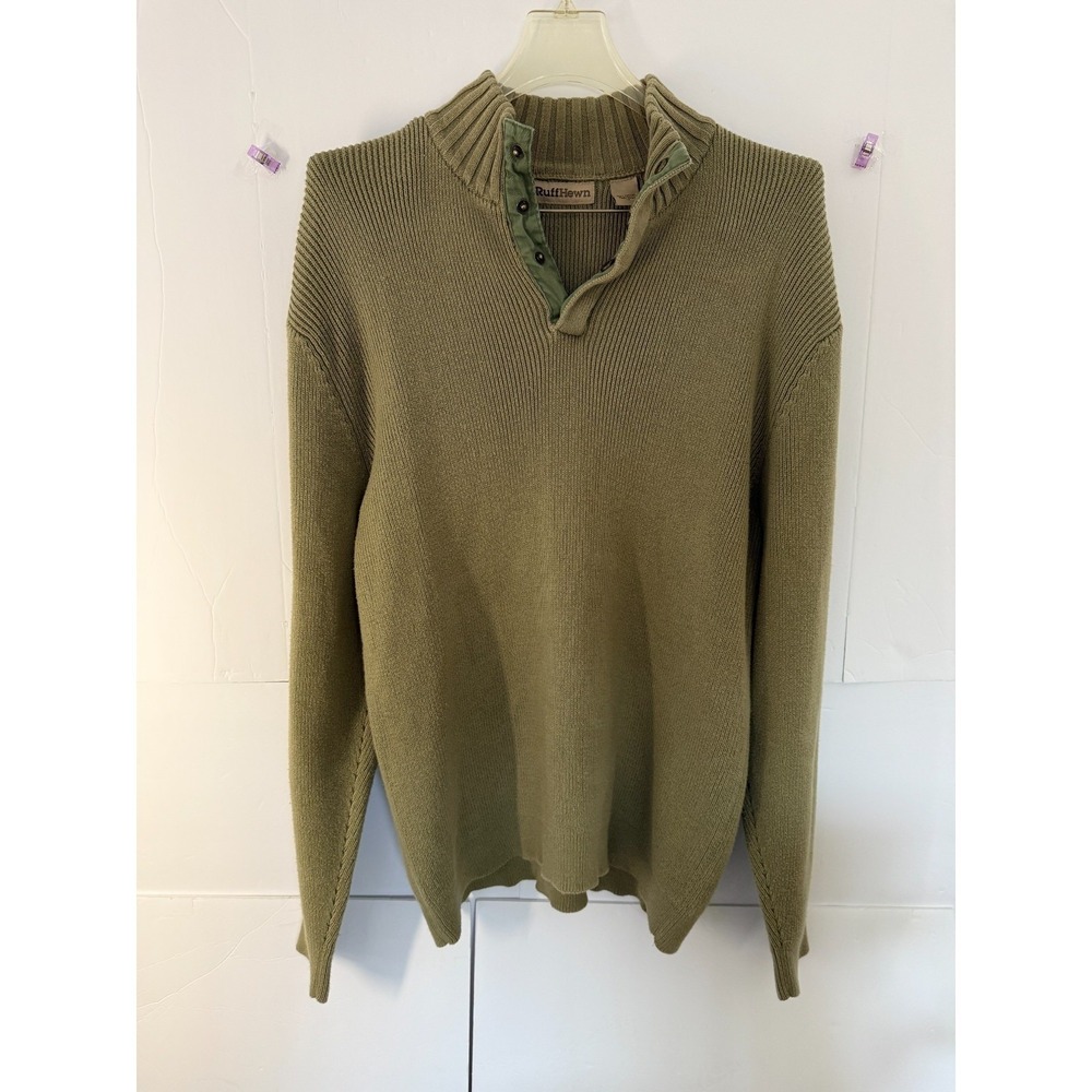 RuffHewn Mens Ribbed Cotton Mock Neck Button Pullover Sweater Olive Green Medium